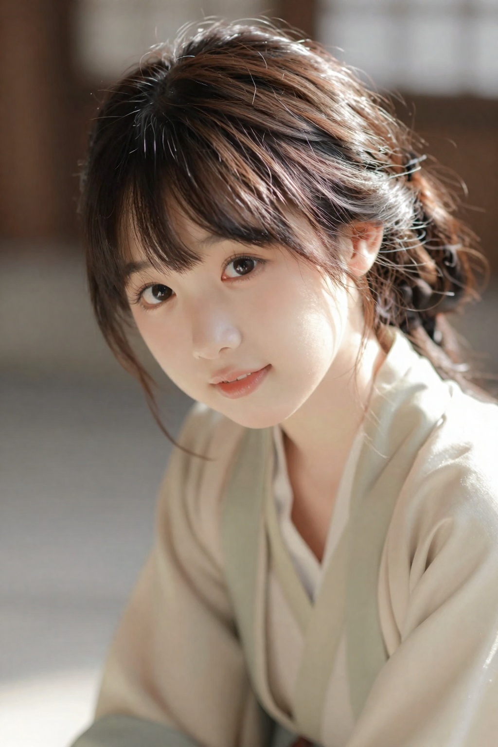 高真实度人像摄影,日系写真风格,85mm镜头,大光圈,浅景深,主体清晰锐利,背景柔和虚化,空间层次明显,真实光学表现,电影级光影,侧逆光,发丝边缘光,柔和自然光过渡
年轻少女,半身特写,面部为视觉中心,人物占画面70%以上,靠近镜头,轻微前倾
白皙通透皮肤,细腻真实肌理,自然光泽,无塑料感,五官精致,眼睛大且清澈,微微上挑,长睫毛,神情温柔或略带羞涩
发丝柔顺细腻,细节清晰
画面干净通透,高级感,日系氛围,治愈感,色彩鲜艳。
简化明制汉服（浅色对襟）

半身特写
室内或庭院
自然光
轻微微笑或互动动作
氛围：温柔、生活感、亲和