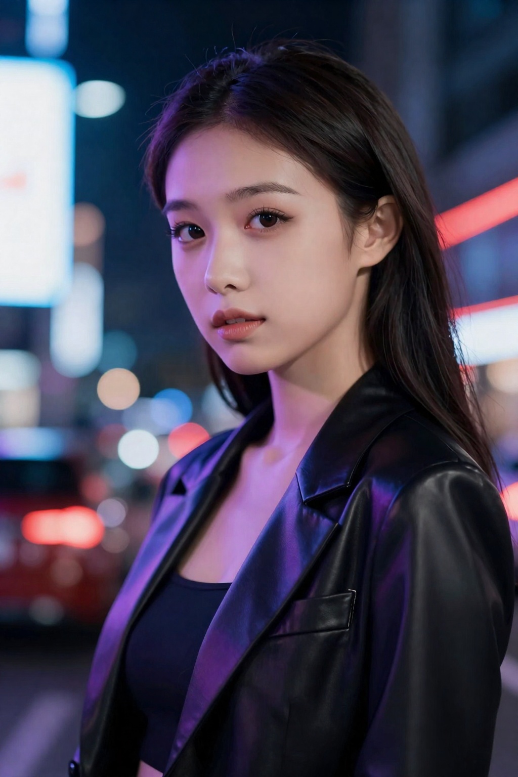摄影与画面风格：
高端商业人像摄影风格,85mm镜头,大光圈浅景深。主体锐利,背景霓虹灯虚化为彩色散景。
多光源混合（蓝紫+红色霓虹）,在人物边缘形成彩色轮廓光,增强立体感。

人物设定：
年轻女性,半身特写,直视镜头或轻微侧脸,姿态自信。

外观细节：
皮肤光滑细腻,真实肌理明显,妆容精致。眼神冷静有张力。

服装设定：
修身上衣或西装外套,材质带有反光（皮革/缎面）。

场景与构图：
城市夜景,背景完全虚化。半身特写,焦点集中面部。

画面氛围：
都市、高级、具有商业封面冲击力。