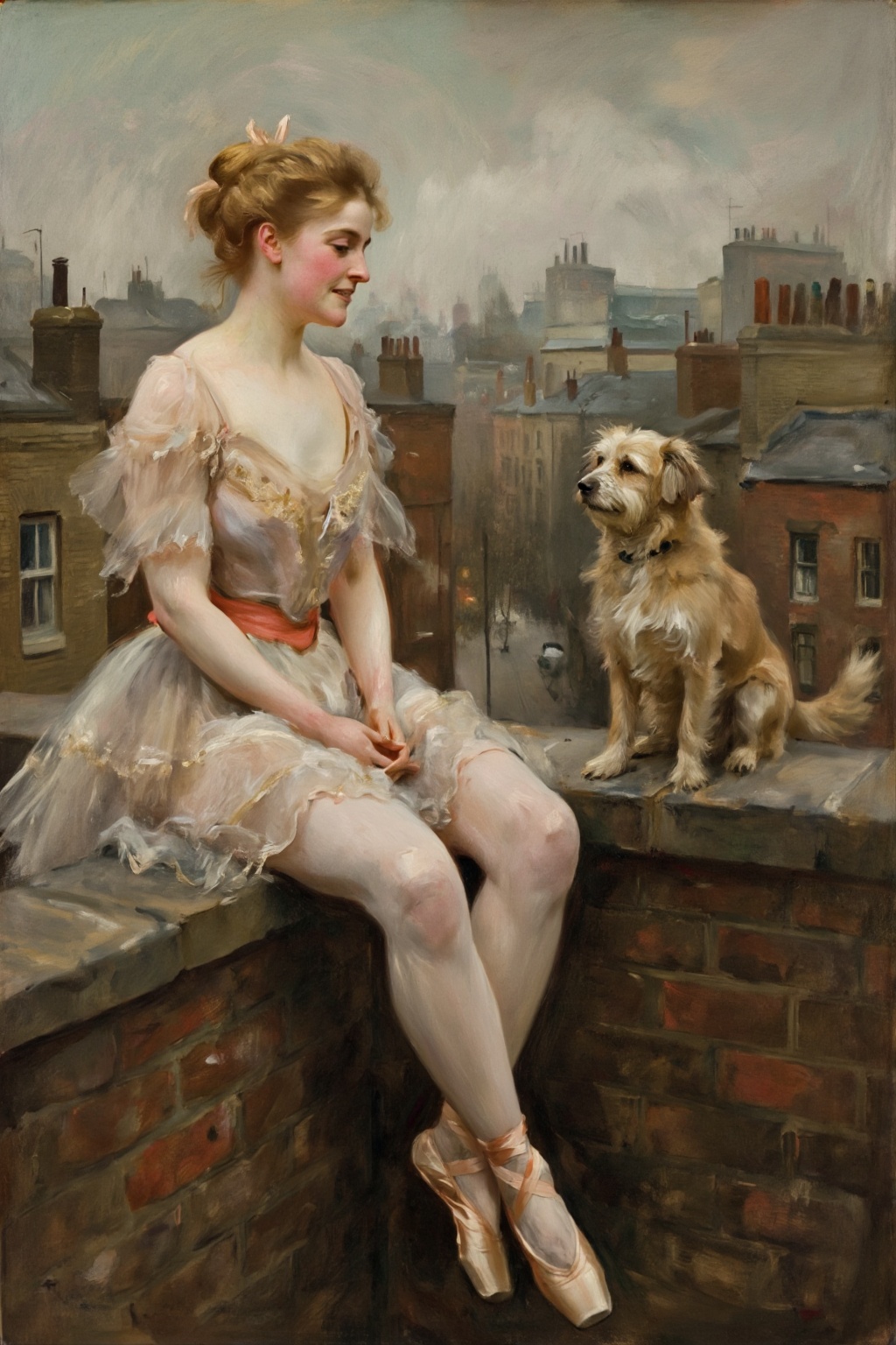 photojohnsingersargent12z oil painting. 
High-angle view of a young woman with wispy blonde hair styled in a high, slightly messy ballerina bun secured with a small pale ribbon, sitting on the weathered brick ledge of a London rooftop. She is sitting on the left, dressed in a delicate, vintage-style champagne-colored ballet tutu with thin straps and a layered tulle skirt, paired with matching satin pointe shoes and ribbons crisscrossing her ankles. Her posture is poised yet relaxed, sitting with her legs dangling over the edge and her hands gently clasped in her lap, as she gazes with a curious and gentle expression at a small, scruffy tan terrier dog sitting directly across from her on the right. The dog has shaggy, textured fur and sits upright, looking back at her with an alert and friendly demeanor. The background is a soft-focus, hazy urban landscape of London chimneys and rooftops under a muted, overcast sky.