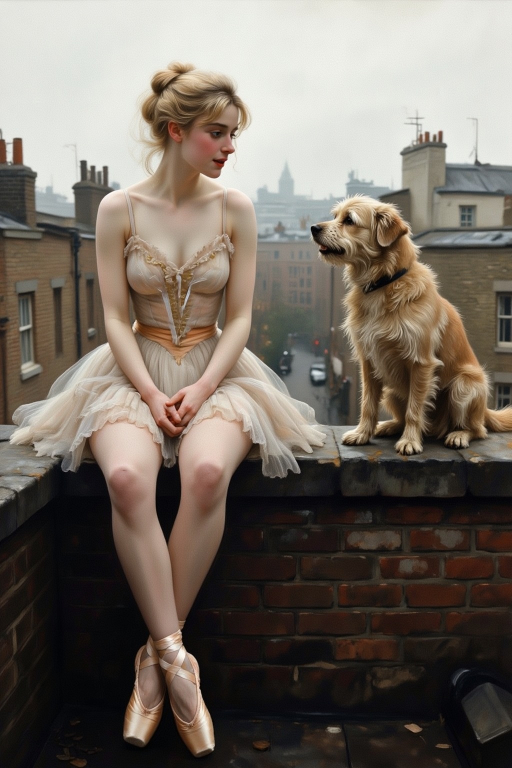 photojohnsingersargent12z illustration. 
High-angle view of a young woman with wispy blonde hair styled in a high, slightly messy ballerina bun secured with a small pale ribbon, sitting on the weathered brick ledge of a London rooftop. She is sitting on the left, dressed in a delicate, vintage-style champagne-colored ballet tutu with thin straps and a layered tulle skirt, paired with matching satin pointe shoes and ribbons crisscrossing her ankles. Her posture is poised yet relaxed, sitting with her legs dangling over the edge and her hands gently clasped in her lap, as she gazes with a curious and gentle expression at a small, scruffy tan terrier dog sitting directly across from her on the right. The dog has shaggy, textured fur and sits upright, looking back at her with an alert and friendly demeanor. The background is a soft-focus, hazy urban landscape of London chimneys and rooftops under a muted, overcast sky.