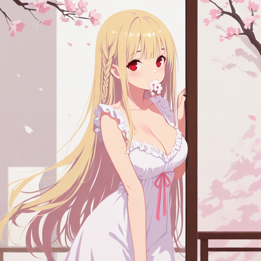 Create a minimalist,  modern art piece with a flat color palette,  featuring a single girl standing alone. She has long on...