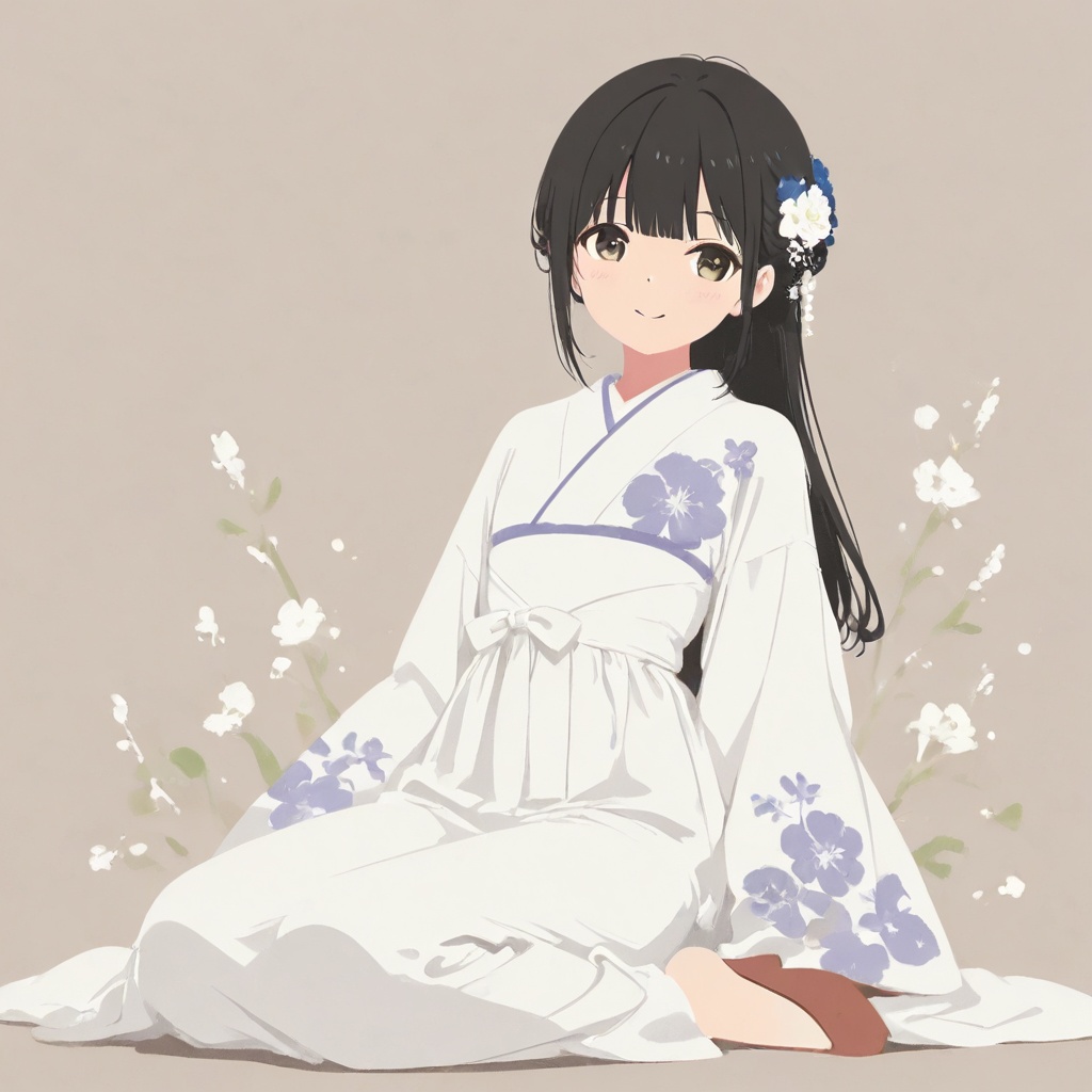 Create a minimalist masterpiece featuring a single girl in a cute outfit—a kimono dress—sitting in a full body pose. She s...