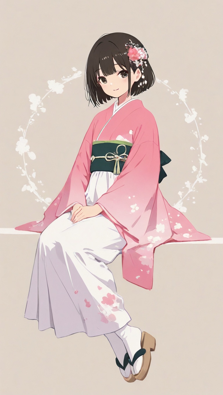 Create a minimalist masterpiece featuring a single girl in a cute kimono dress,  sitting with a gentle smile. The image sh...