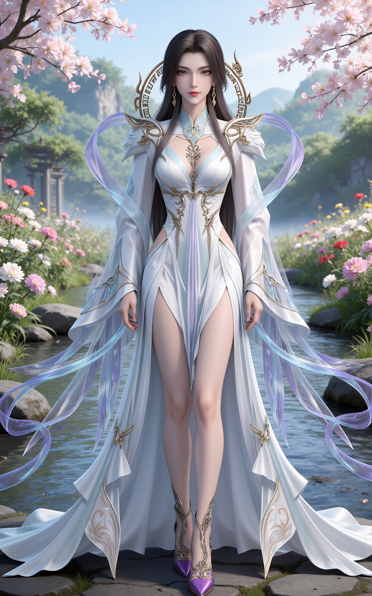 masterpiece,high quality,tall,game cg,highres,(white_skin:0.6),(shiny_skin:0.6),(realistic:1.1),looking_at_viewer,lvjing,
black hair,long hair,brown eyes,earrings,hair_ornament,chinese clothes,cleavage cutout,henren white dress,long_sleeves,nature,water,flowers,day,sunlight,baoshi,full body,high heels,purple footwear,standing,