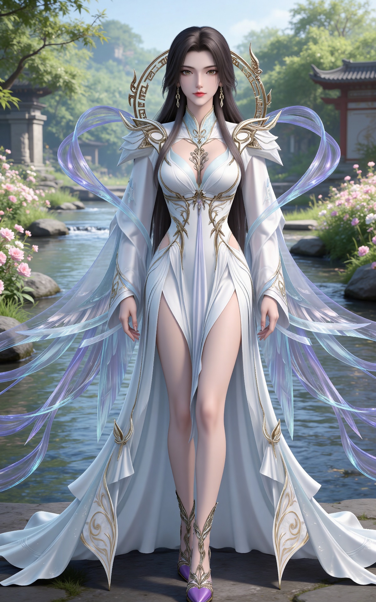 masterpiece,high quality,tall,game cg,highres,(white_skin:0.6),(shiny_skin:0.6),(realistic:1.1),looking_at_viewer,lvjing,
black hair,long hair,brown eyes,earrings,hair_ornament,chinese clothes,cleavage cutout,henren white dress,long_sleeves,nature,water,flowers,day,sunlight,baoshi,full body,high heels,purple footwear