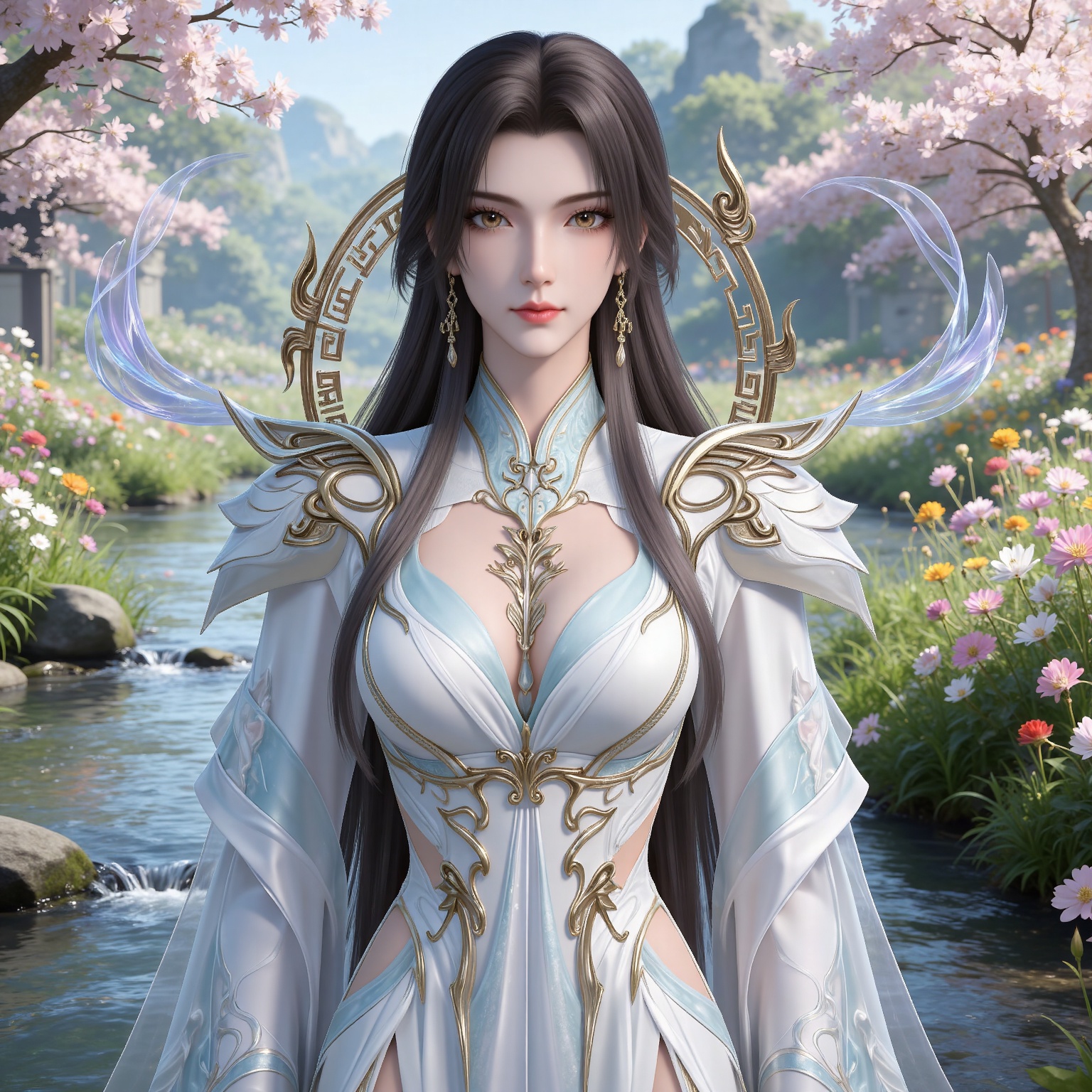 masterpiece,high quality,tall,game cg,highres,(white_skin:0.6),(shiny_skin:0.6),(realistic:1.1),looking_at_viewer,lvjing,
black hair,long hair,brown eyes,earrings,hair_ornament,chinese clothes,cleavage cutout,henren white dress,long_sleeves,nature,water,flowers,day,sunlight,baoshi