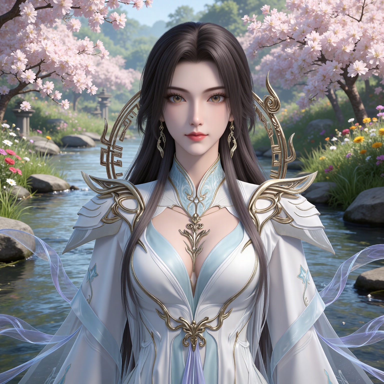 masterpiece,high quality,tall,game cg,highres,(white_skin:0.6),(shiny_skin:0.6),(realistic:1.1),looking_at_viewer,lvjing,
black hair,long hair,brown eyes,earrings,hair_ornament,chinese clothes,cleavage cutout,henren white dress,long_sleeves,nature,water,flowers,day,sunlight,baoshi,upper body,