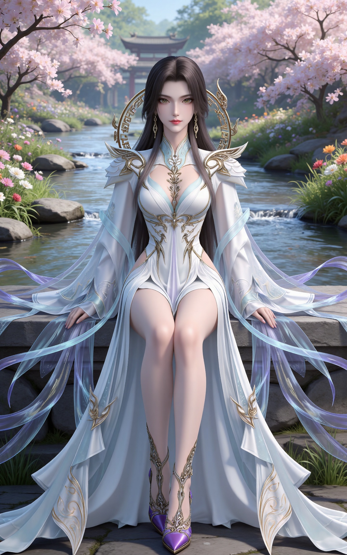 masterpiece,high quality,tall,game cg,highres,(white_skin:0.6),(shiny_skin:0.6),(realistic:1.1),looking_at_viewer,lvjing,
black hair,long hair,brown eyes,earrings,hair_ornament,chinese clothes,cleavage cutout,henren white dress,long_sleeves,nature,water,flowers,day,sunlight,baoshi,full body,high heels,purple footwear,sitting,sitting on stone,