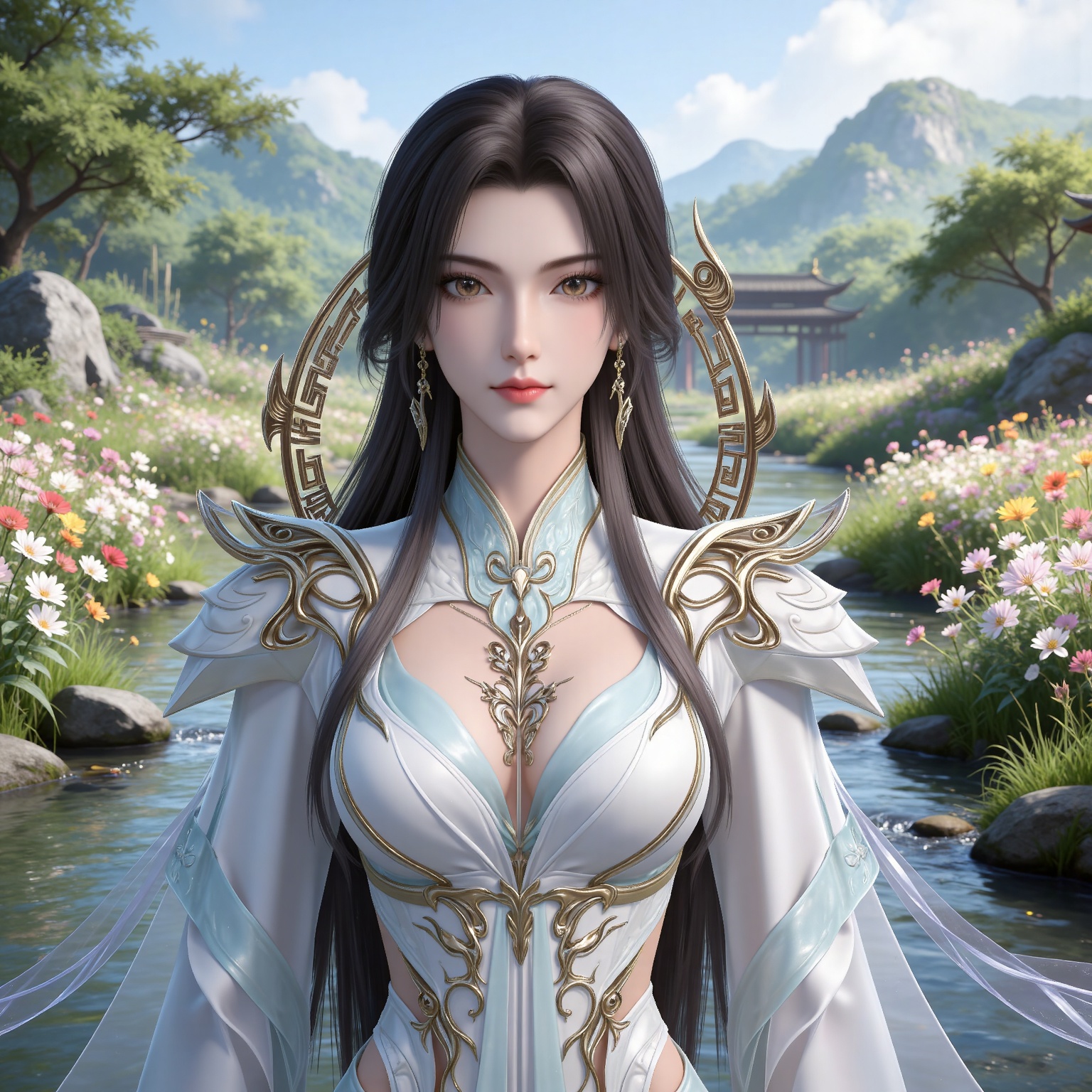masterpiece,high quality,tall,game cg,highres,(white_skin:0.6),(shiny_skin:0.6),(realistic:1.1),looking_at_viewer,lvjing,
black hair,long hair,brown eyes,earrings,hair_ornament,chinese clothes,cleavage cutout,henren white dress,long_sleeves,nature,water,flowers,day,sunlight,baoshi,upper body,