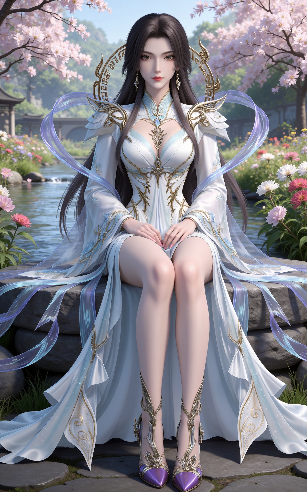 masterpiece,high quality,tall,game cg,highres,(white_skin:0.6),(shiny_skin:0.6),(realistic:1.1),looking_at_viewer,lvjing,
black hair,long hair,brown eyes,earrings,hair_ornament,chinese clothes,cleavage cutout,henren white dress,long_sleeves,nature,water,flowers,day,sunlight,baoshi,full body,high heels,purple footwear,sitting,sitting on stone,