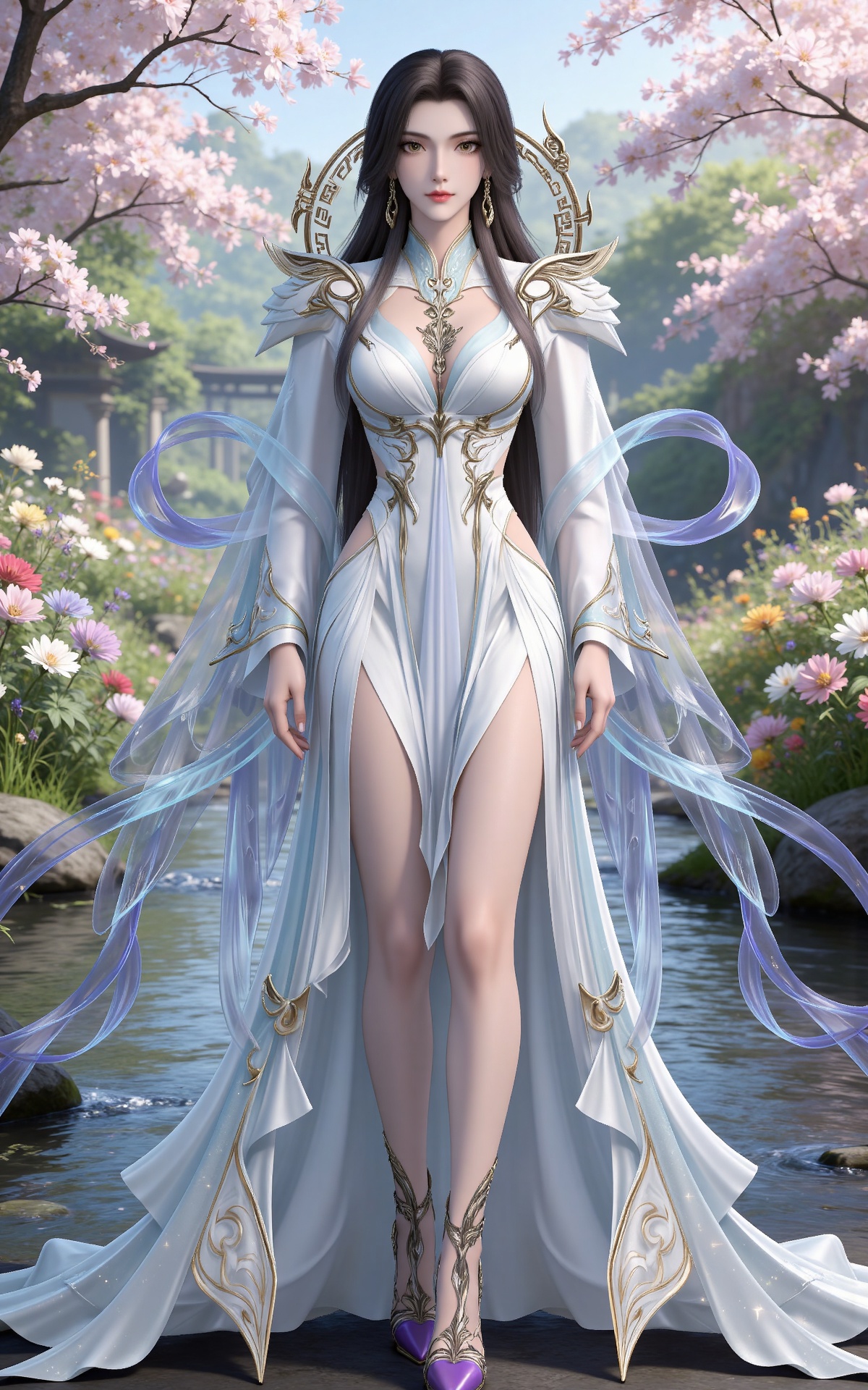 masterpiece,high quality,tall,game cg,highres,(white_skin:0.6),(shiny_skin:0.6),(realistic:1.1),looking_at_viewer,lvjing,
black hair,long hair,brown eyes,earrings,hair_ornament,chinese clothes,cleavage cutout,henren white dress,long_sleeves,nature,water,flowers,day,sunlight,baoshi,full body,high heels,purple footwear