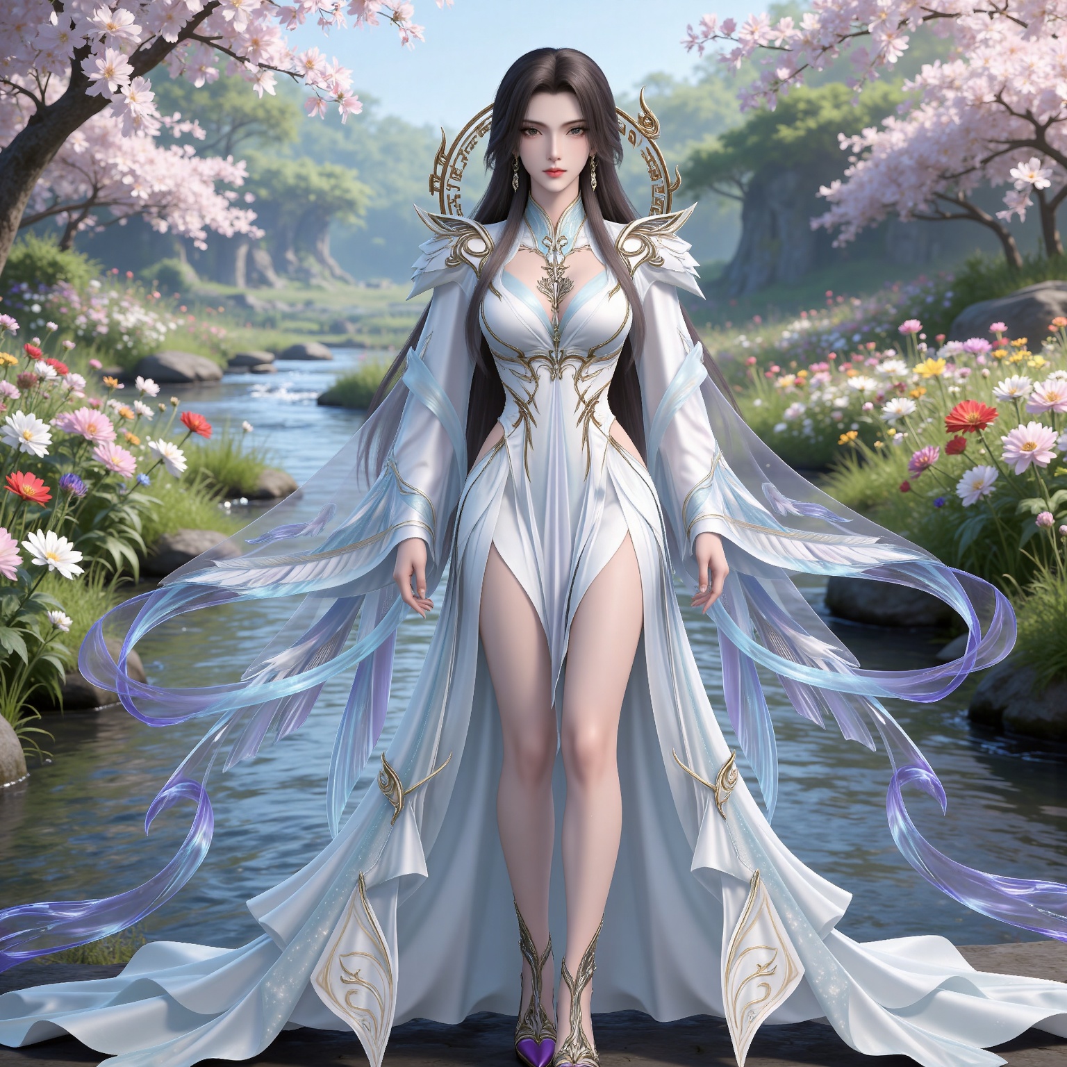 masterpiece,high quality,tall,game cg,highres,(white_skin:0.6),(shiny_skin:0.6),(realistic:1.1),looking_at_viewer,lvjing,
black hair,long hair,brown eyes,earrings,hair_ornament,chinese clothes,cleavage cutout,henren white dress,long_sleeves,nature,water,flowers,day,sunlight,baoshi