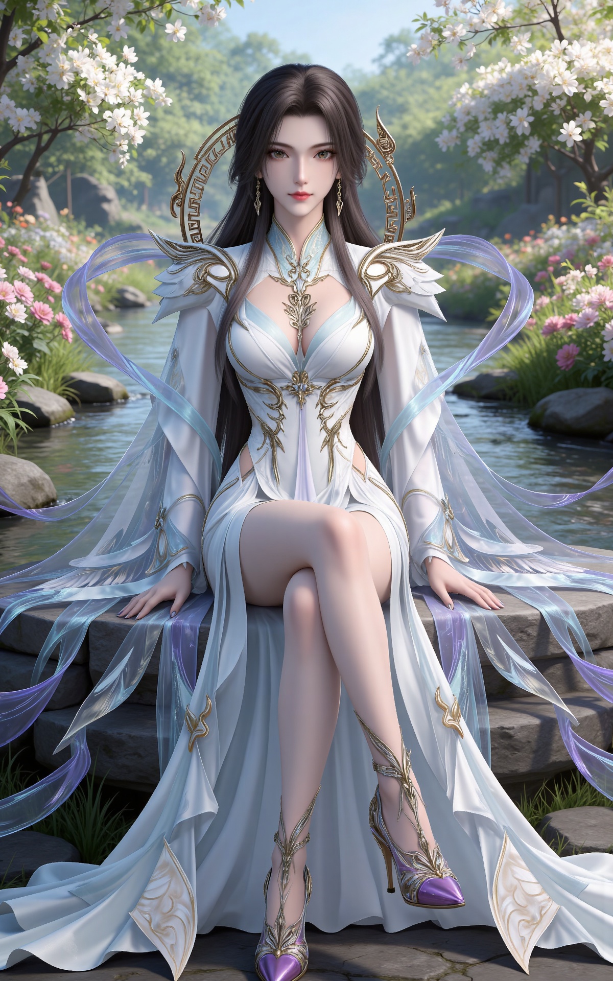 masterpiece,high quality,tall,game cg,highres,(white_skin:0.6),(shiny_skin:0.6),(realistic:1.1),looking_at_viewer,lvjing,
black hair,long hair,brown eyes,earrings,hair_ornament,chinese clothes,cleavage cutout,henren white dress,long_sleeves,nature,water,flowers,day,sunlight,baoshi,full body,high heels,purple footwear,sitting,sitting on stone,