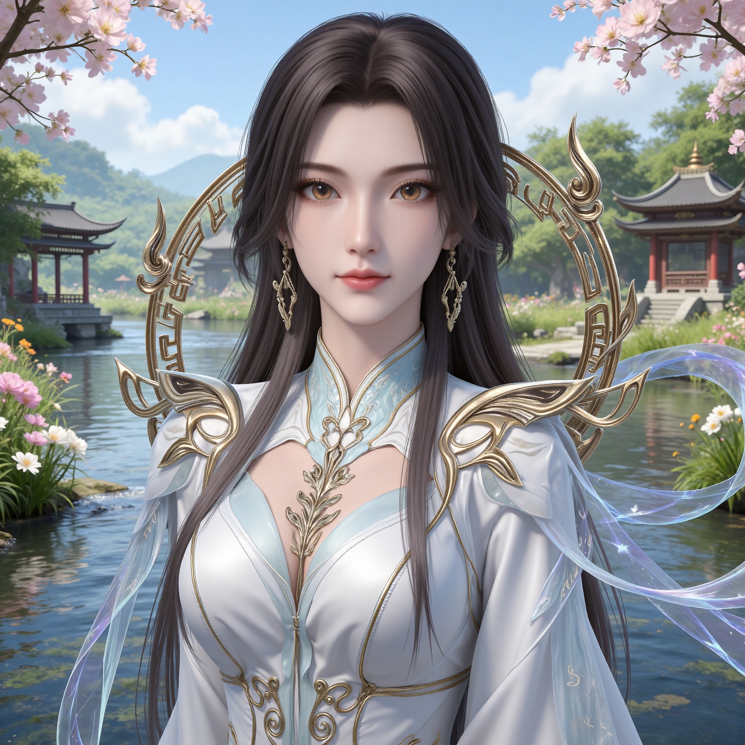 masterpiece,high quality,tall,game cg,highres,(white_skin:0.6),(shiny_skin:0.6),(realistic:1.1),looking_at_viewer,lvjing,
black hair,long hair,brown eyes,earrings,hair_ornament,chinese clothes,cleavage cutout,henren white dress,long_sleeves,nature,water,flowers,day,sunlight,baoshi,upper body,