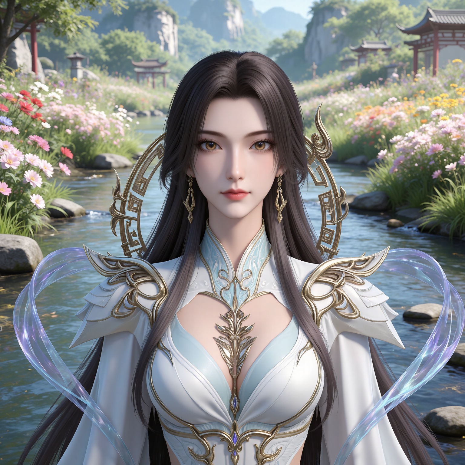 masterpiece,high quality,tall,game cg,highres,(white_skin:0.6),(shiny_skin:0.6),(realistic:1.1),looking_at_viewer,lvjing,
black hair,long hair,brown eyes,earrings,hair_ornament,chinese clothes,cleavage cutout,henren white dress,long_sleeves,nature,water,flowers,day,sunlight,baoshi,upper body,