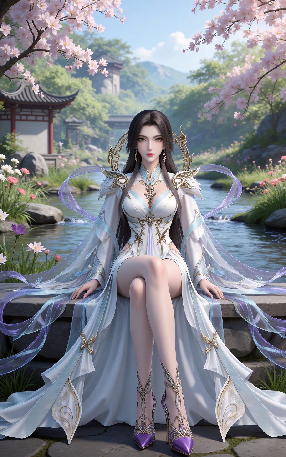 masterpiece,high quality,tall,game cg,highres,(white_skin:0.6),(shiny_skin:0.6),(realistic:1.1),looking_at_viewer,lvjing,
black hair,long hair,brown eyes,earrings,hair_ornament,chinese clothes,cleavage cutout,henren white dress,long_sleeves,nature,water,flowers,day,sunlight,baoshi,full body,high heels,purple footwear,sitting,sitting on stone,
