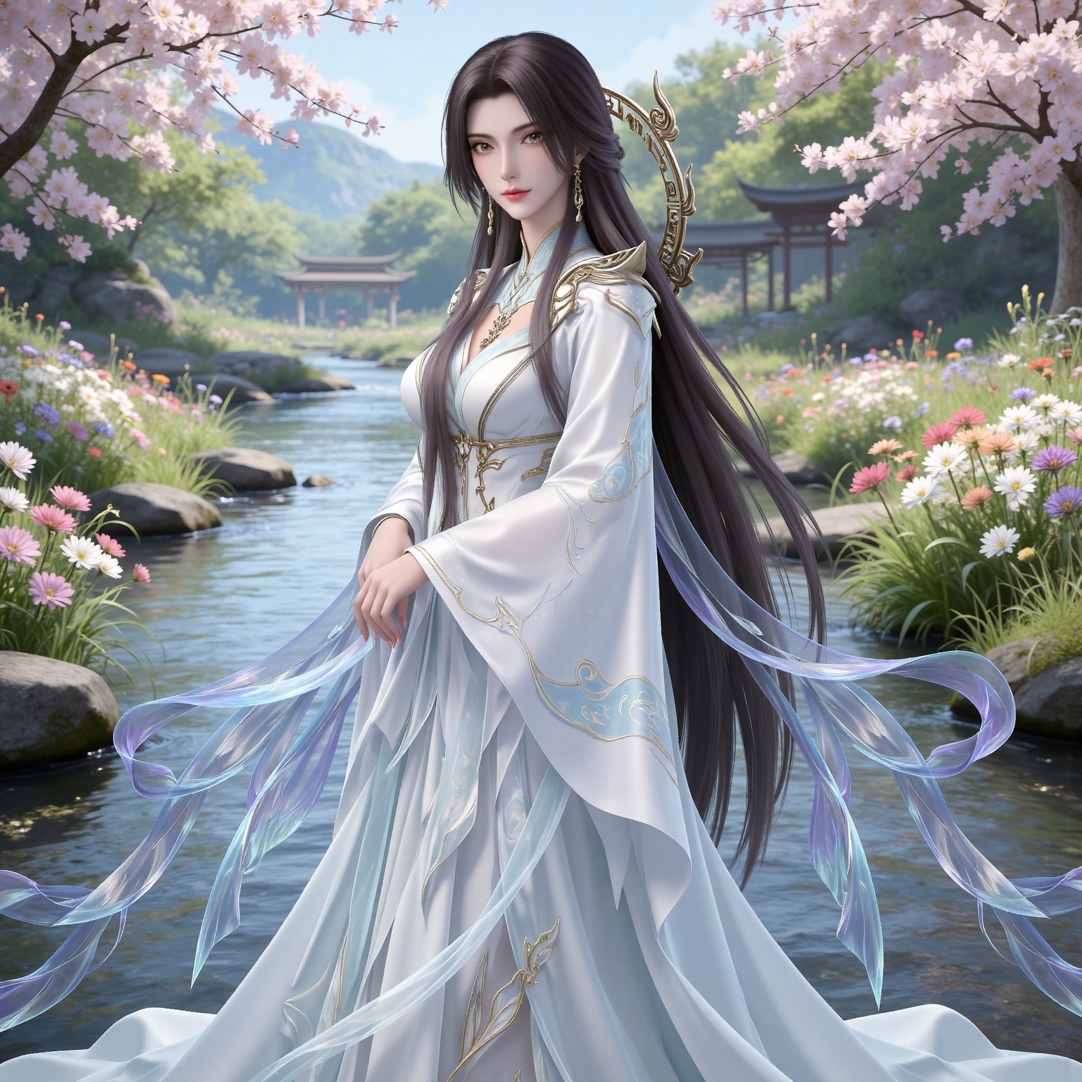masterpiece,high quality,tall,game cg,highres,(white_skin:0.6),(shiny_skin:0.6),(realistic:1.1),looking_at_viewer,lvjing,
black hair,long hair,brown eyes,earrings,hair_ornament,chinese clothes,cleavage cutout,henren white dress,long_sleeves,nature,water,flowers,day,sunlight,baoshi