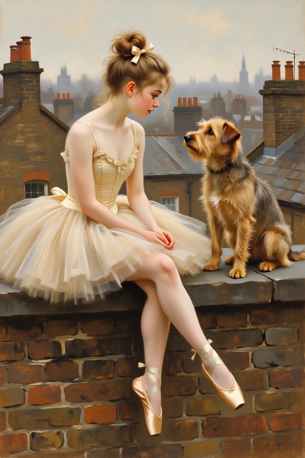 photojohnsingersargent13q oil painting.  
High-angle view of a young woman with wispy blonde hair styled in a high, slightly messy ballerina bun secured with a small pale ribbon, sitting on the weathered brick ledge of a London rooftop. She is sitting on the left, dressed in a delicate, vintage-style champagne-colored ballet tutu with thin straps and a layered tulle skirt, paired with matching satin pointe shoes and ribbons crisscrossing her ankles. Her posture is poised yet relaxed, sitting with her legs dangling over the edge and her hands gently clasped in her lap, as she gazes with a curious and gentle expression at a small, scruffy tan terrier dog sitting directly across from her on the right. The dog has shaggy, textured fur and sits upright, looking back at her with an alert and friendly demeanor. The background is a soft-focus, hazy urban landscape of London chimneys and rooftops under a muted, overcast sky