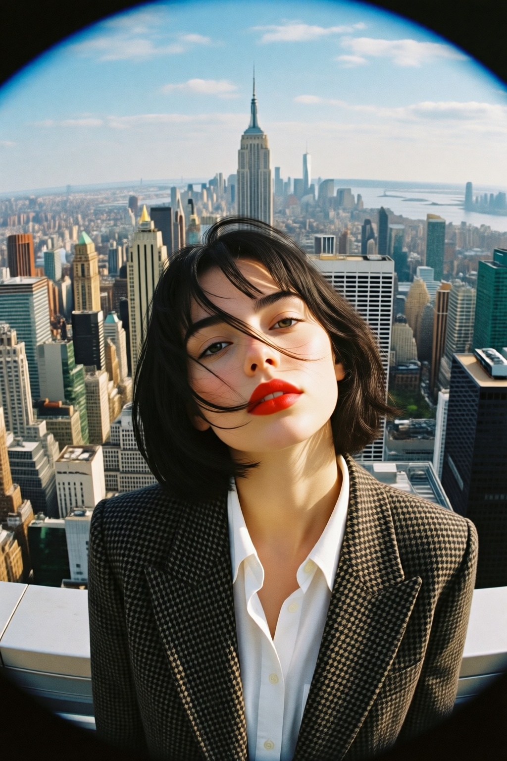photojohnsingersargent13q.  
High-angle, close-up of a woman with short, dark hair blowing across her face on a high-rise rooftop in New York City, with her head tilted sideway slightly. She wears bold red lipstick and a crisp white button-up shirt underneath a dark, textured houndstooth blazer. The camera uses a wide-angle lens, creating a slight fish-eye distortion that emphasizes the vast urban landscape below. In the background, the iconic Empire State Building rises prominently against a clear blue sky dotted with soft clouds