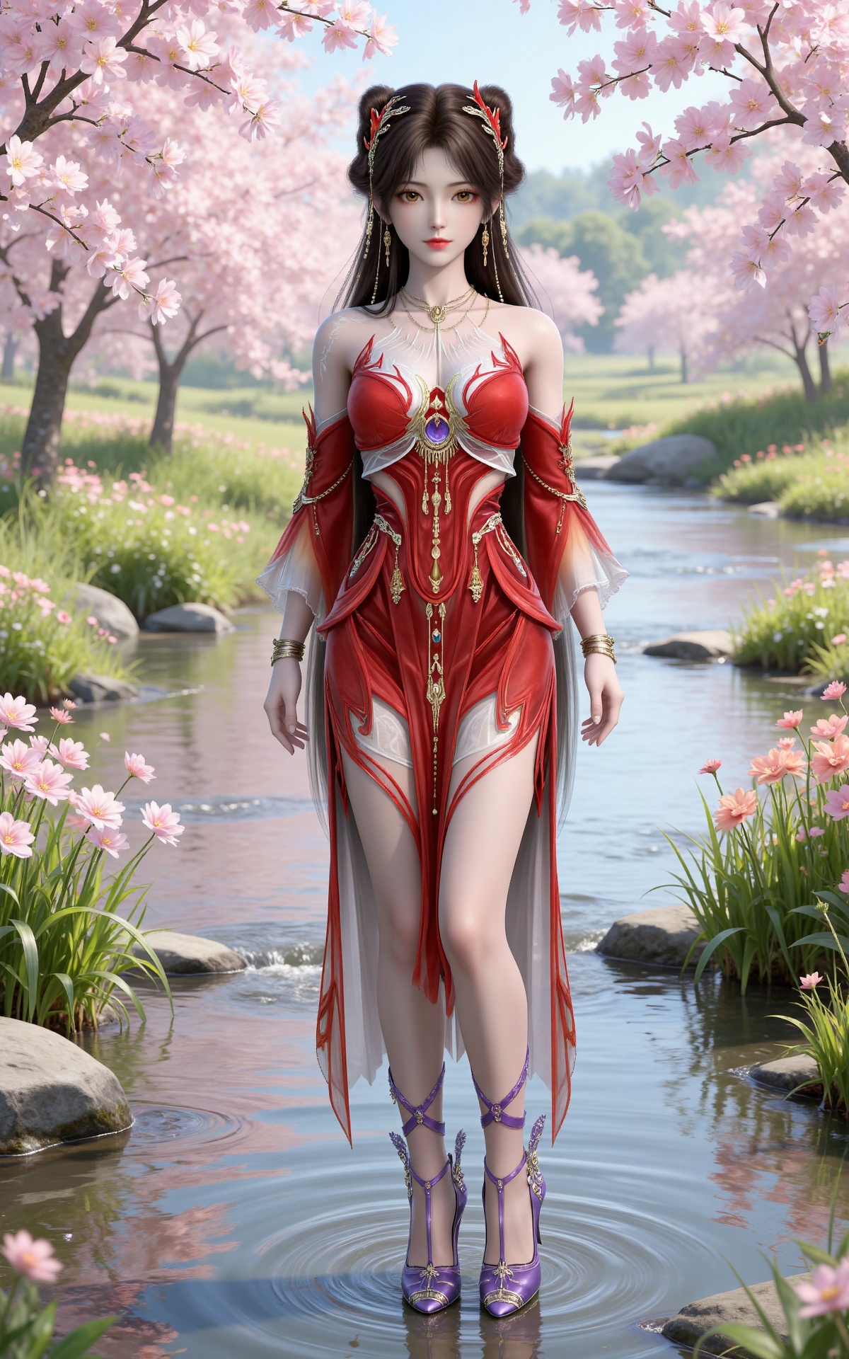 masterpiece,high quality,tall,game cg,highres,(white_skin:0.6),(shiny_skin:0.6),(realistic:1.1),looking_at_viewer,lvjing,
brown hair,long hair,brown eyes,double bun,huolinger red dress,detached_sleeves,hair_ornament,earrings,bare shoulders,necklace,nature,water,flowers,day,sunlight,baoshi,1girl,solo,bracelet,high_heels,jewelry,purple footwear,full body,standing,