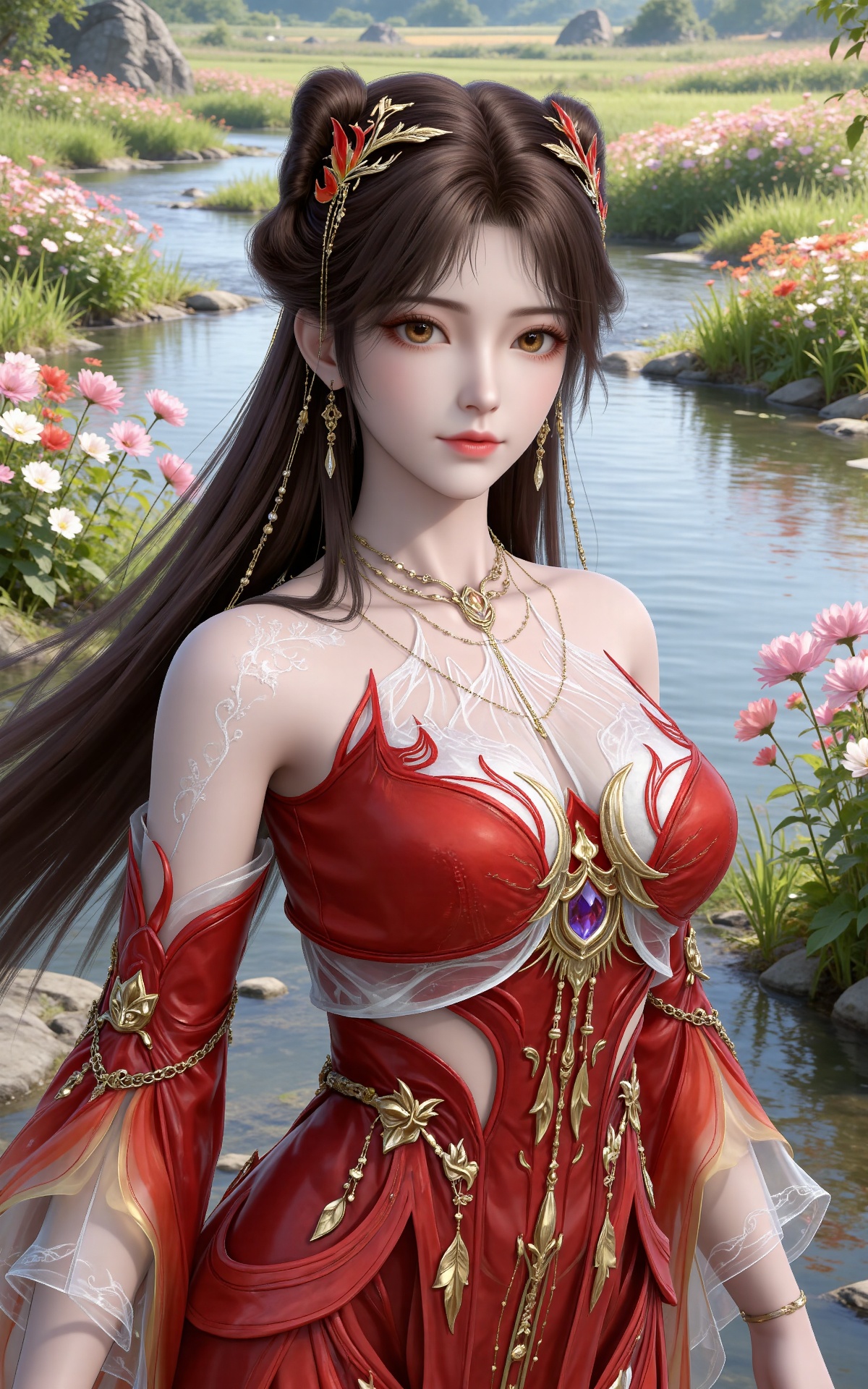 masterpiece,high quality,tall,game cg,highres,(white_skin:0.6),(shiny_skin:0.6),(realistic:1.1),looking_at_viewer,lvjing,
brown hair,long hair,brown eyes,double bun,huolinger red dress,detached_sleeves,hair_ornament,earrings,bare shoulders,necklace,nature,water,flowers,day,sunlight,baoshi,upper body,