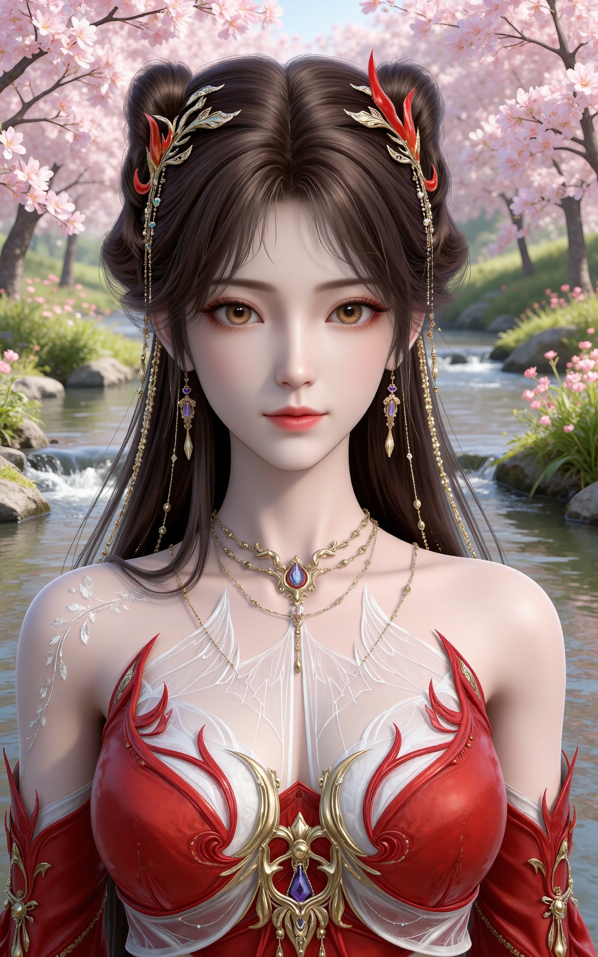 masterpiece,high quality,tall,game cg,highres,(white_skin:0.6),(shiny_skin:0.6),(realistic:1.1),looking_at_viewer,lvjing,
brown hair,long hair,brown eyes,double bun,huolinger red dress,detached_sleeves,hair_ornament,earrings,bare shoulders,necklace,nature,water,flowers,day,sunlight,baoshi,upper body,