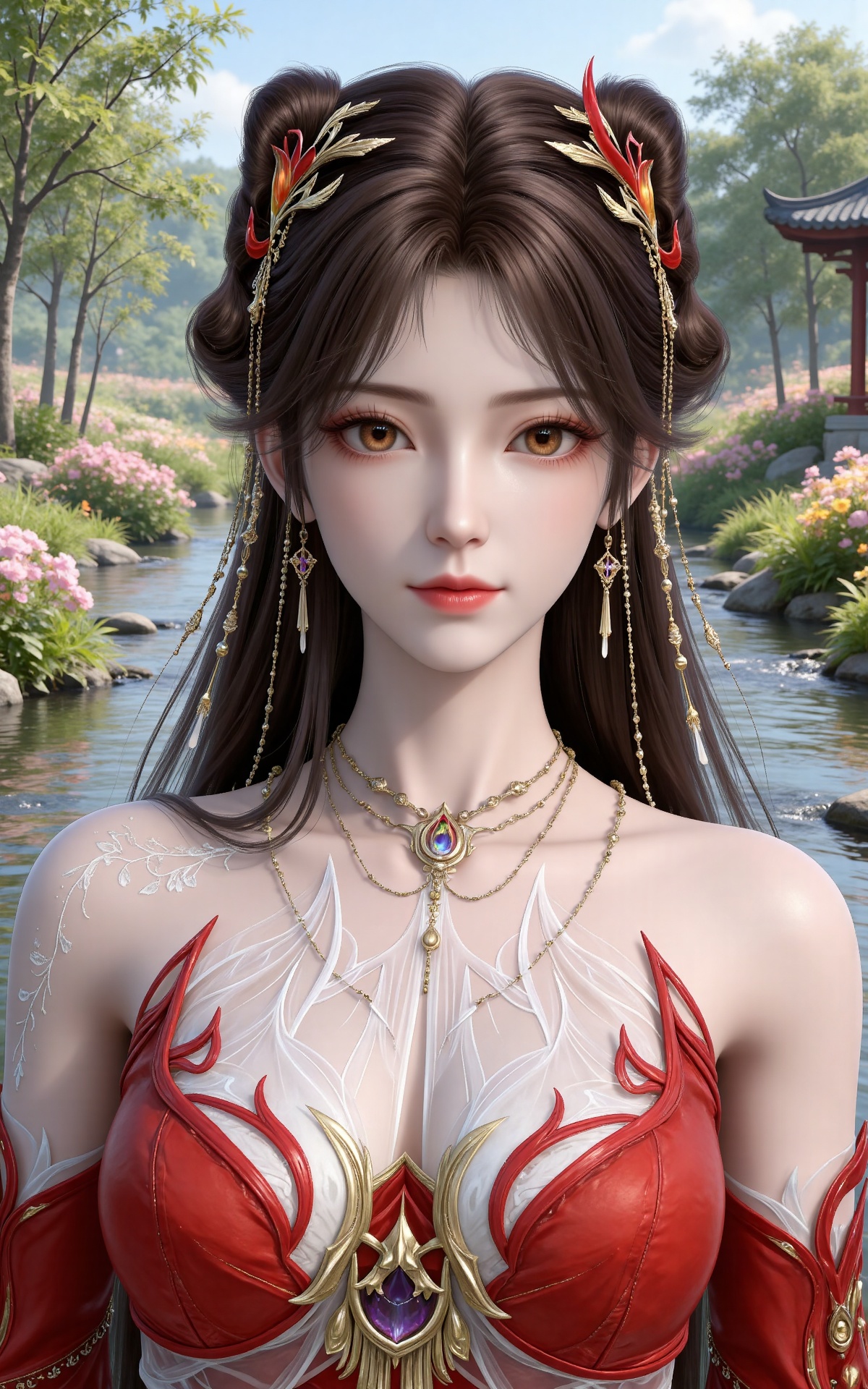 masterpiece,high quality,tall,game cg,highres,(white_skin:0.6),(shiny_skin:0.6),(realistic:1.1),looking_at_viewer,lvjing,
brown hair,long hair,brown eyes,double bun,huolinger red dress,detached_sleeves,hair_ornament,earrings,bare shoulders,necklace,nature,water,flowers,day,sunlight,baoshi,upper body,