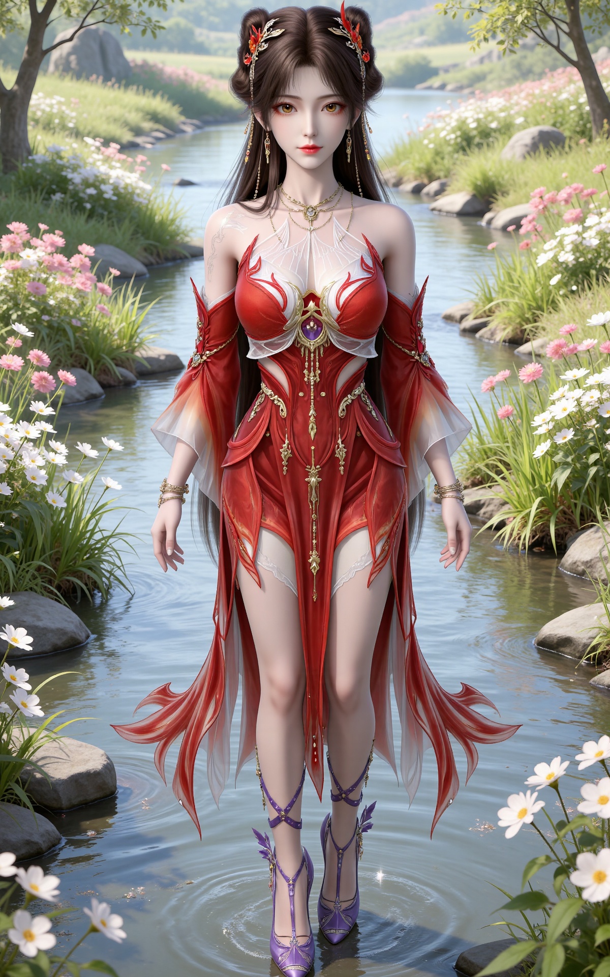 masterpiece,high quality,tall,game cg,highres,(white_skin:0.6),(shiny_skin:0.6),(realistic:1.1),looking_at_viewer,lvjing,
brown hair,long hair,brown eyes,double bun,huolinger red dress,detached_sleeves,hair_ornament,earrings,bare shoulders,necklace,nature,water,flowers,day,sunlight,baoshi,1girl,solo,bracelet,high_heels,jewelry,purple footwear,full body,standing,