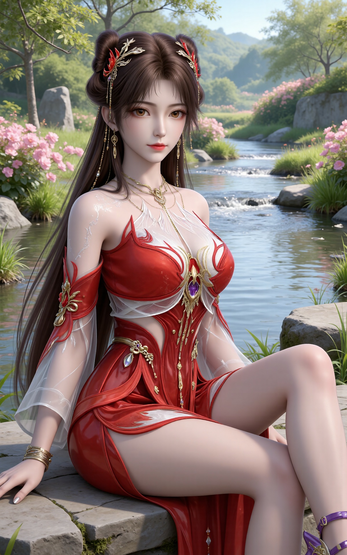 masterpiece,high quality,tall,game cg,highres,(white_skin:0.6),(shiny_skin:0.6),(realistic:1.1),looking_at_viewer,lvjing,
brown hair,long hair,brown eyes,double bun,huolinger red dress,detached_sleeves,hair_ornament,earrings,bare shoulders,necklace,nature,water,flowers,day,sunlight,baoshi,1girl,solo,bracelet,high_heels,jewelry,purple footwear,full body,sitting,sitting on stone,crossed legs