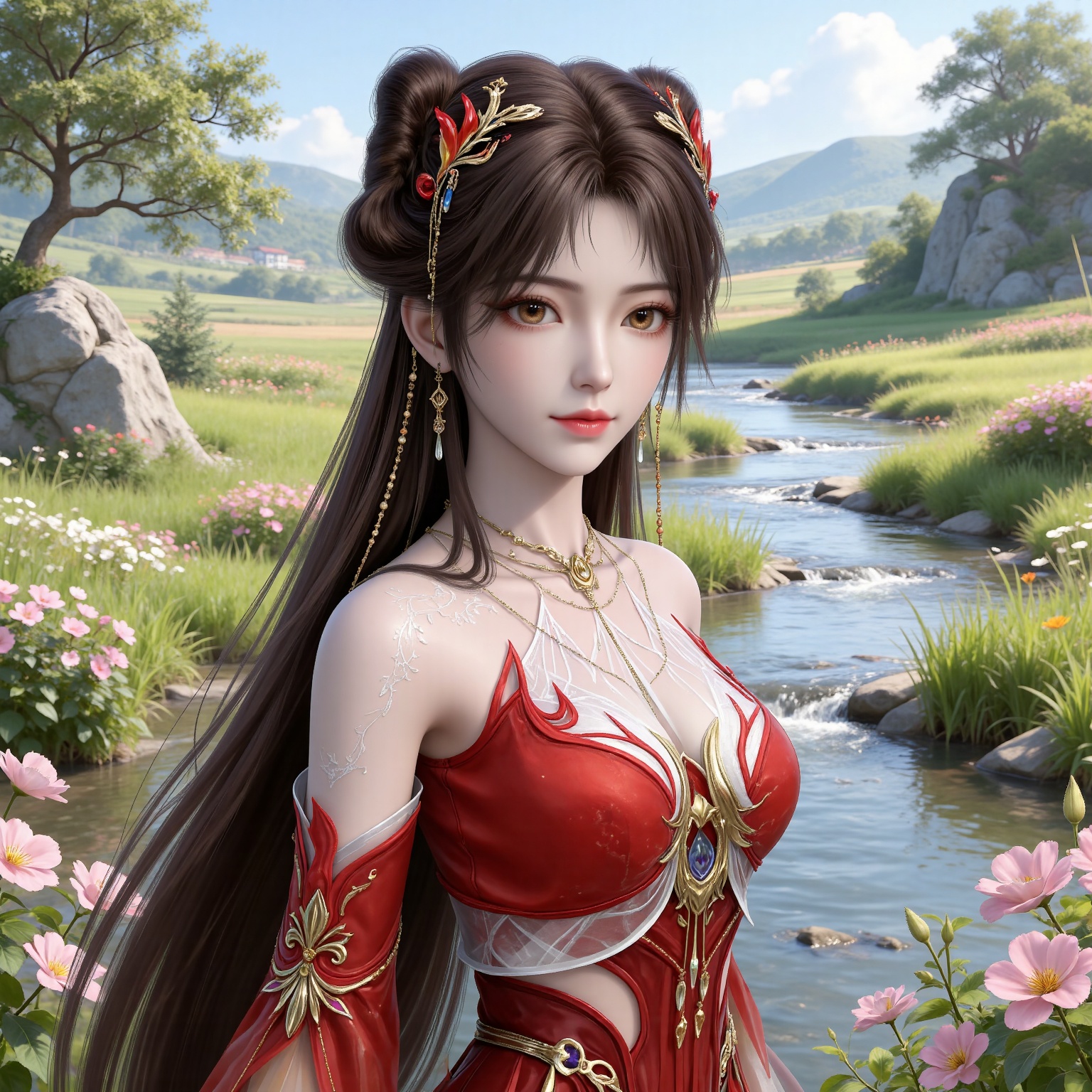 masterpiece,high quality,tall,game cg,highres,(white_skin:0.6),(shiny_skin:0.6),(realistic:1.1),looking_at_viewer,lvjing,
brown hair,long hair,brown eyes,double bun,huolinger red dress,detached_sleeves,hair_ornament,earrings,bare shoulders,necklace,nature,water,flowers,day,sunlight,baoshi,