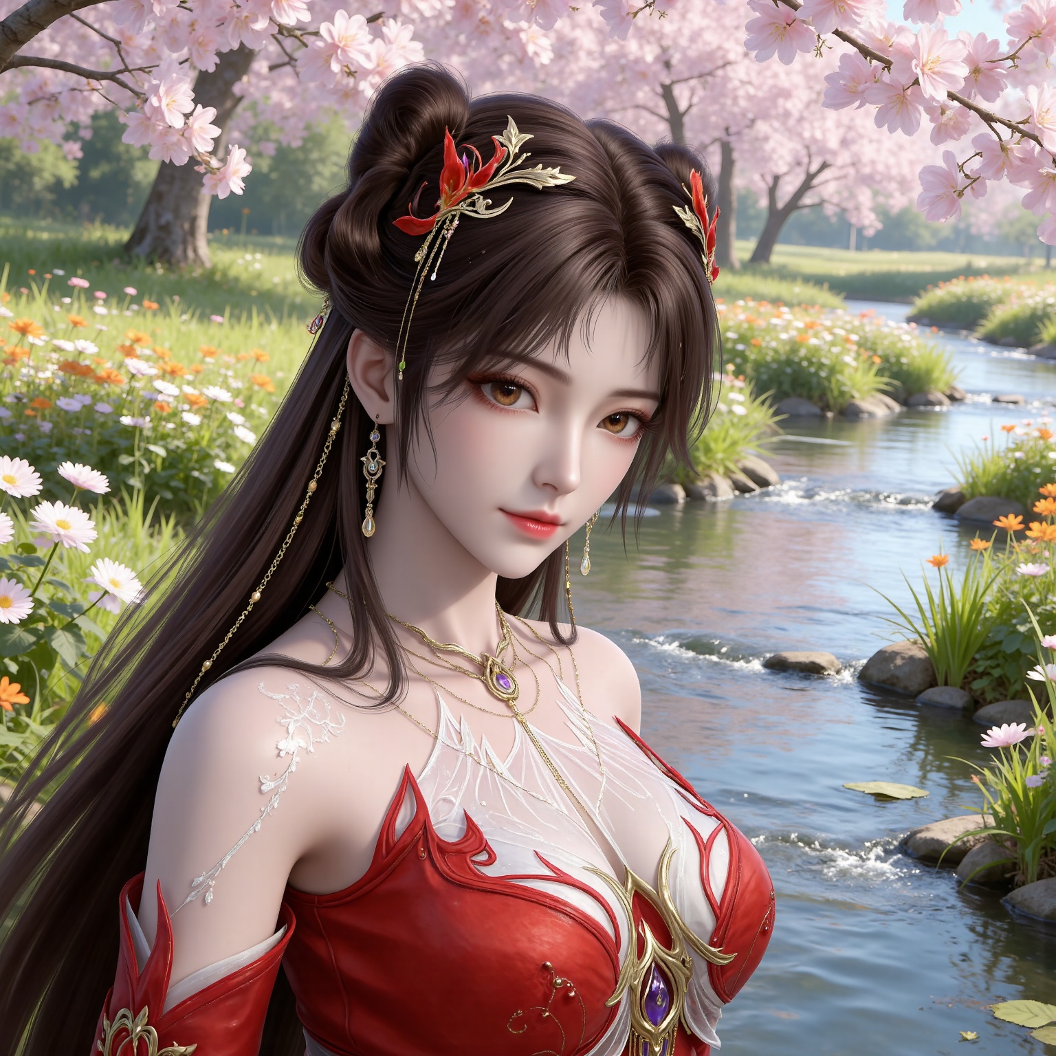 masterpiece,high quality,tall,game cg,highres,(white_skin:0.6),(shiny_skin:0.6),(realistic:1.1),looking_at_viewer,lvjing,
brown hair,long hair,brown eyes,double bun,huolinger red dress,detached_sleeves,hair_ornament,earrings,bare shoulders,necklace,nature,water,flowers,day,sunlight,baoshi,