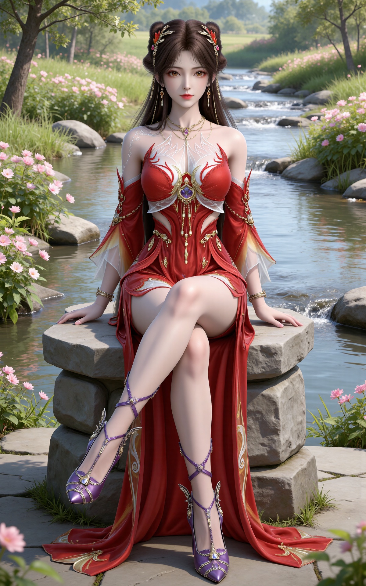 masterpiece,high quality,tall,game cg,highres,(white_skin:0.6),(shiny_skin:0.6),(realistic:1.1),looking_at_viewer,lvjing,
brown hair,long hair,brown eyes,double bun,huolinger red dress,detached_sleeves,hair_ornament,earrings,bare shoulders,necklace,nature,water,flowers,day,sunlight,baoshi,1girl,solo,bracelet,high_heels,jewelry,purple footwear,full body,sitting,sitting on stone,crossed legs
