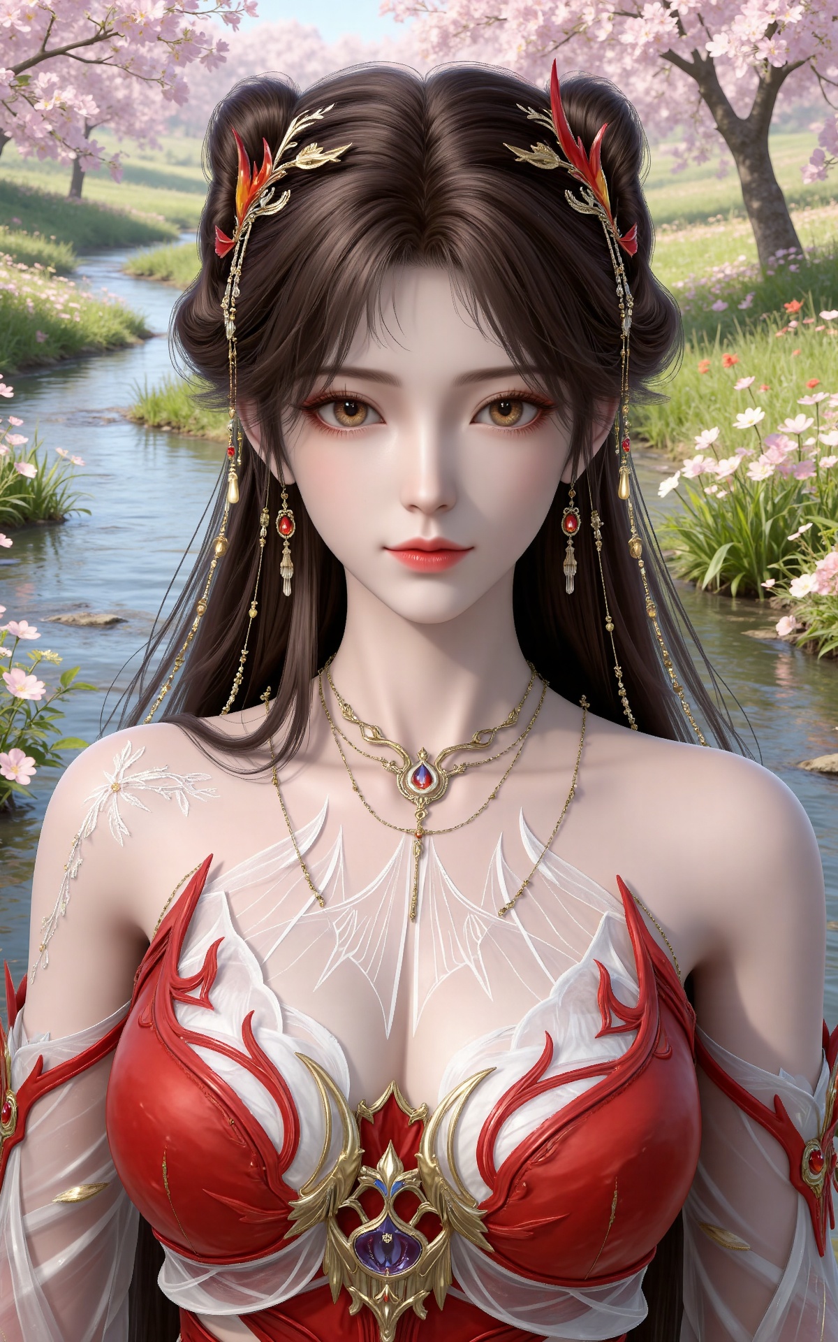 masterpiece,high quality,tall,game cg,highres,(white_skin:0.6),(shiny_skin:0.6),(realistic:1.1),looking_at_viewer,lvjing,
brown hair,long hair,brown eyes,double bun,huolinger red dress,detached_sleeves,hair_ornament,earrings,bare shoulders,necklace,nature,water,flowers,day,sunlight,baoshi,upper body,