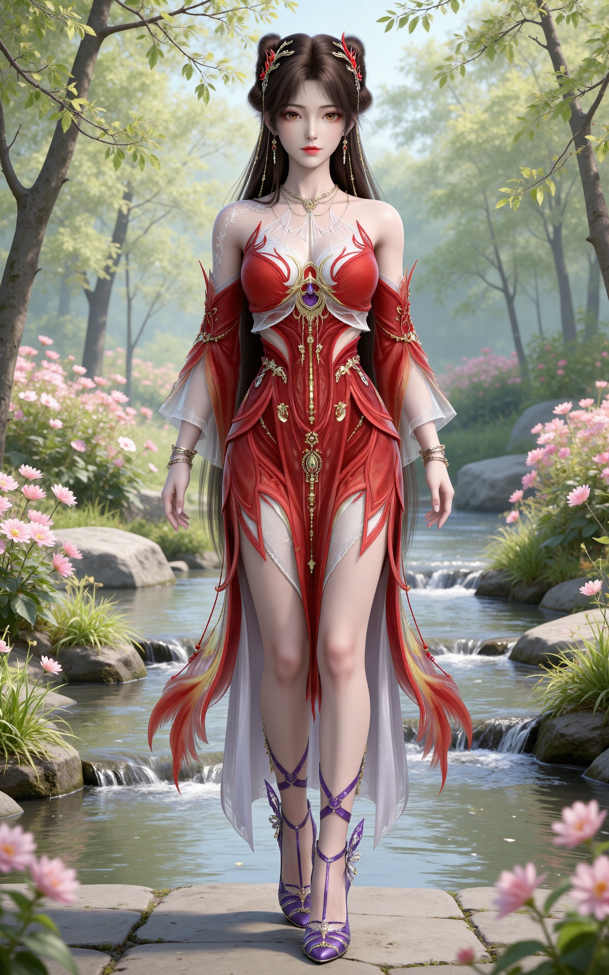 masterpiece,high quality,tall,game cg,highres,(white_skin:0.6),(shiny_skin:0.6),(realistic:1.1),looking_at_viewer,lvjing,
brown hair,long hair,brown eyes,double bun,huolinger red dress,detached_sleeves,hair_ornament,earrings,bare shoulders,necklace,nature,water,flowers,day,sunlight,baoshi,1girl,solo,bracelet,high_heels,jewelry,purple footwear,full body,standing,