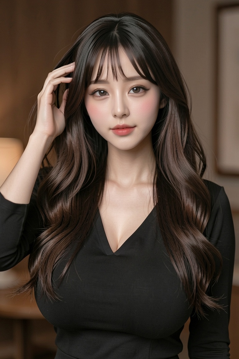 This is a highly realistic digital portrait of an East gigantic breasts Asian woman in her early 20s. She has long,  curly...