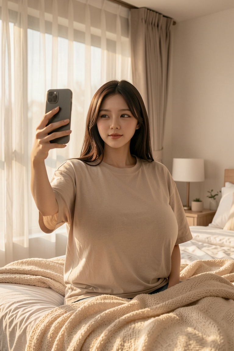 Ultra-realistic portrait,  gigantic breasts Asian woman taking selfie in her bedroom,  golden morning sunlight streaming t...