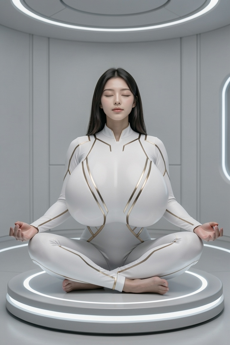 Ultra-realistic portrait,  Ultra-realistic futuristic portrait,  gigantic breasts Asian woman wearing sleek white bodysuit...