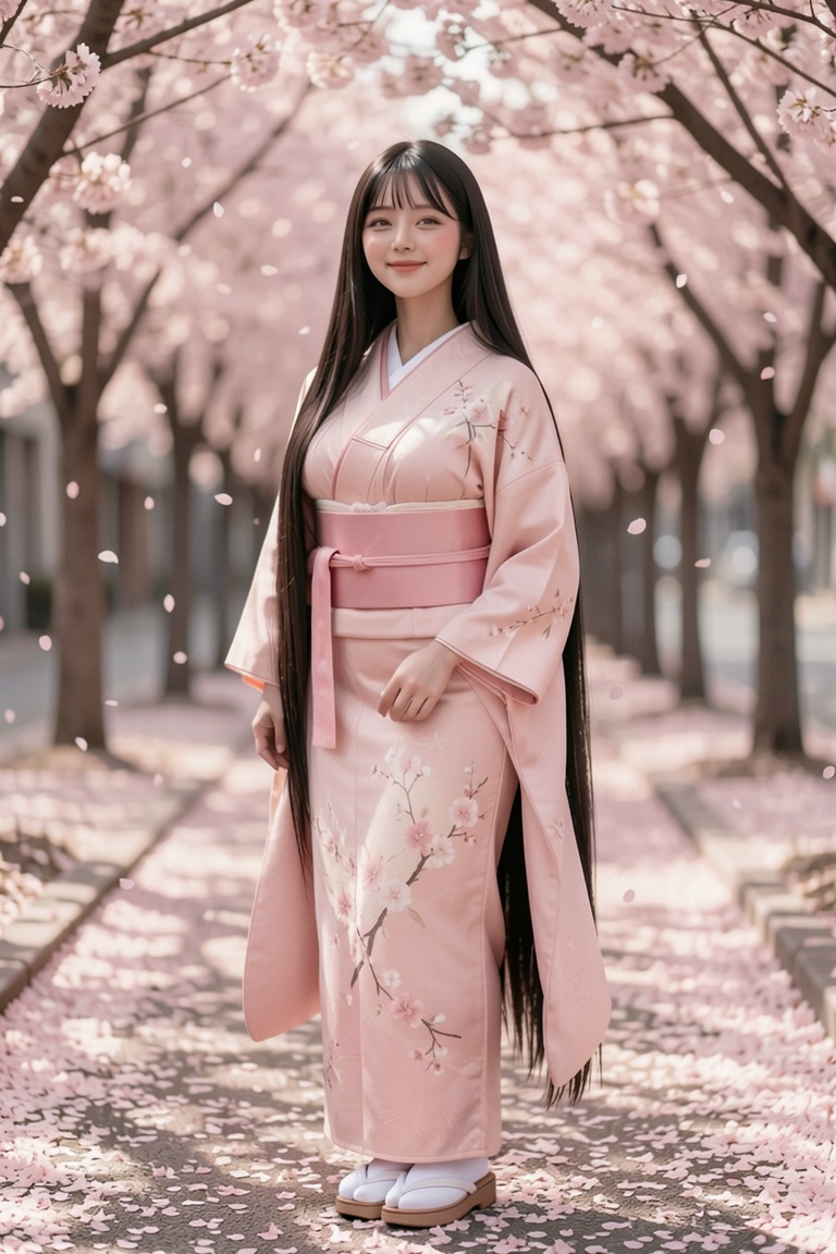 A young Asian female influencer stands in a spring pink romantic scene. "Extremely long black straight hair that hangs dow...