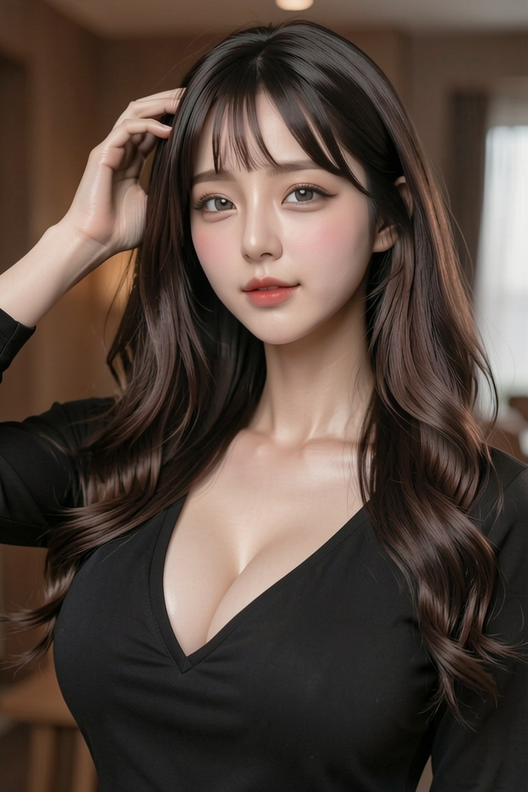 This is a highly realistic digital portrait of an East gigantic breasts Asian woman in her early 20s. She has long,  curly...
