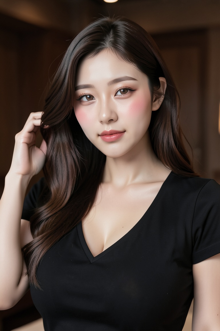 This is a highly realistic digital portrait of an East gigantic breasts Asian woman in her early 20s. She has long,  curly...