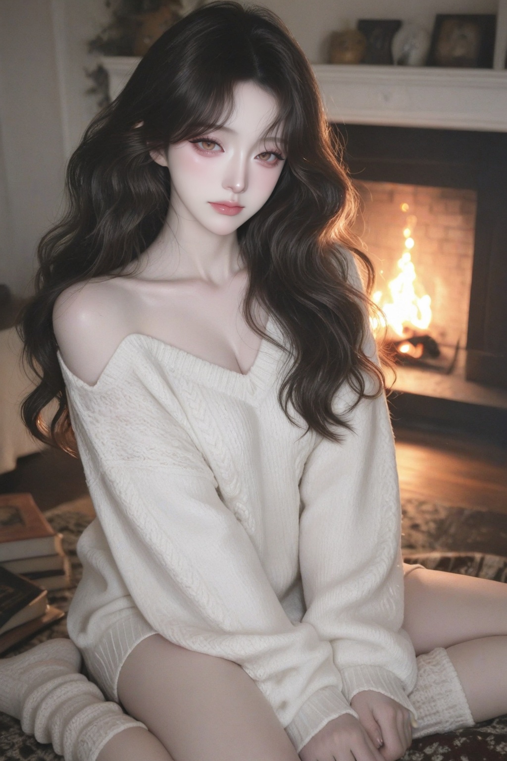a beautiful woman sitting in front of a fireplace,  long black wavy hair,  pale skin on Tensor.Art