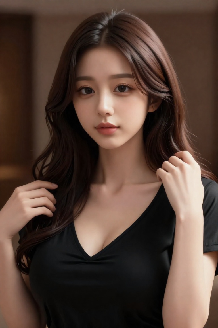This is a highly realistic digital portrait of an East gigantic breasts Asian woman in her early 20s. She has long,  curly...