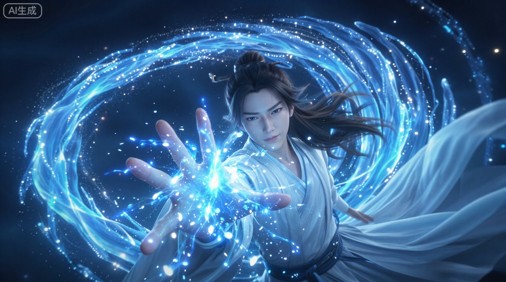 CGI,A fantasy and magical animated scene featuring a mysterious character wearing a flowing white robe,with hair tied into a bun,standing in the void. His palm slowly pushed forward,and a shimmering blue energy ball condensed from the palm,gradually increasing its radiance and illuminating the surroundings. In the background,the flowing blue light strip is **** a swimming dragon shuttling back and forth,embellished with sparkling light points,creating a mysterious and unfathomable atmosphere. The character's face is focused and their gaze is firm,as if they are casting a powerful spell. As the gesture changes,the energy ball suddenly erupts,transforming into countless small energy fragments that scatter and dance around,causing fluctuations in the surrounding light bands and particles,creating a dynamic light and shadow effect. The entire scene is full of dynamic and magical colors,**** a visual feast,making people feel the infinite charm of the magical world. Close up,close-up of the character casting process,accompanied by a wide-angle display of the spectacular scene of energy release.