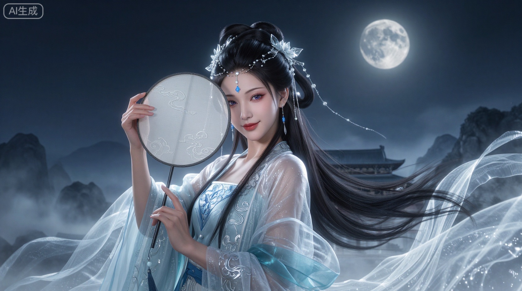 CGI,一位身着汉服的年轻东亚女性,面容精致,蓝紫色的眼眸,眼神魅惑,额间点缀有菱形蓝色宝石,红唇勾起一丝神秘的微笑,她的长发乌黑如瀑,散落肩头,发髻上饰有精致的银色珠串和花瓣状发饰。她手持一把带有精致花纹的圆形团扇,遮挡住半边脸颊,左手手指纤细,搭在扇柄上。她身穿一件层叠的白色半透明长裙,裙摆带有淡蓝色的薄纱,如云雾般飘逸,裙身上装饰有蓝色花纹刺绣。整个画面背景是夜晚,一轮皎洁的满月悬挂在深邃的夜空中,月光洒在远处的古代宫殿式建筑群上,建筑屋顶飞檐斗拱,古朴庄严,周围是朦胧的山峦和飘渺的云雾,营造出一种如梦似幻的仙境氛围。色彩以冷色调为主,深邃的蓝、银白、淡蓝交织,光影效果柔和而神秘,整体风格是中国古典仙侠幻想,富有东方美学韵味,展现出宁静、优雅又带有一丝神秘的意境。CG