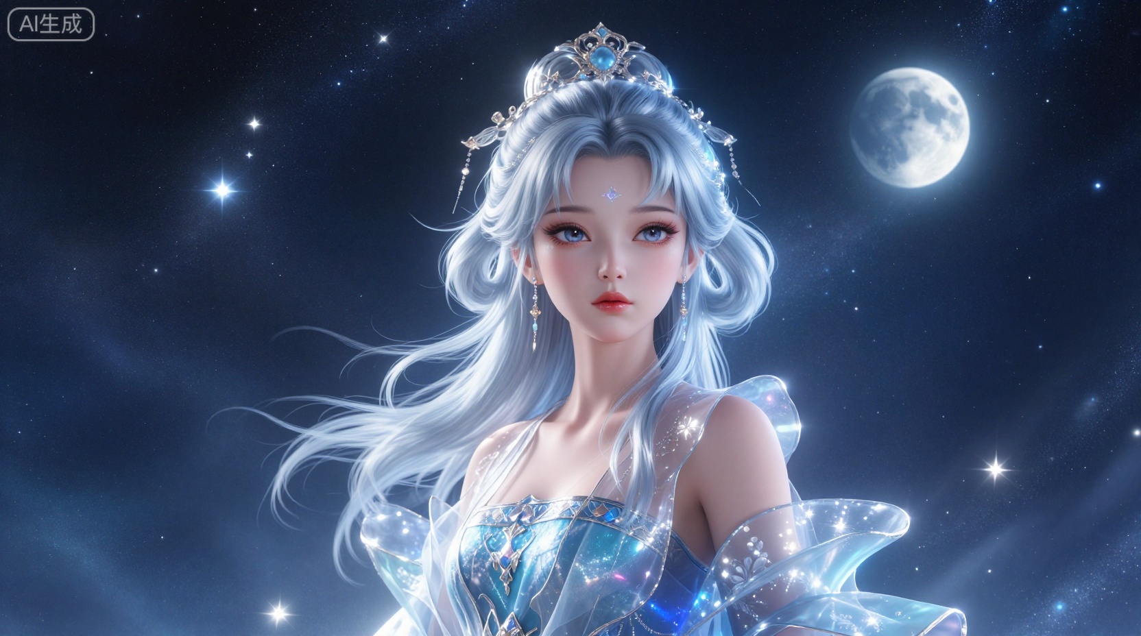 CGI,A beautiful China moon goddess, with silver hair and blue eyes, surrounded by stars and the moon, wears an elegant dress with a starlight background as the background, bright colors, soft lights, and oil painting strokes as the background, rendered in 3D.