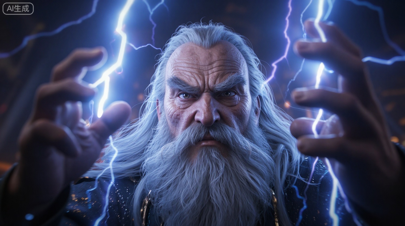 CGI,3D角色设计, 正面特写, 一位面容苍老但目光如炬的西方大魔法师, 他满脸皱纹刻画着岁月的沧桑, 银白色的长胡须垂至胸前. 他双手高举, 正操控着一团狂暴的雷电魔法, 蓝紫色的电弧照亮了他坚毅的面庞, 皮肤上的老年斑和皱纹细节在强光下清晰可见. 3D角色渲染, 老年男性, 魔法特效, 雷电, 动态模糊, 强烈的视觉冲击, 史诗奇幻, 电影感, 4K超清