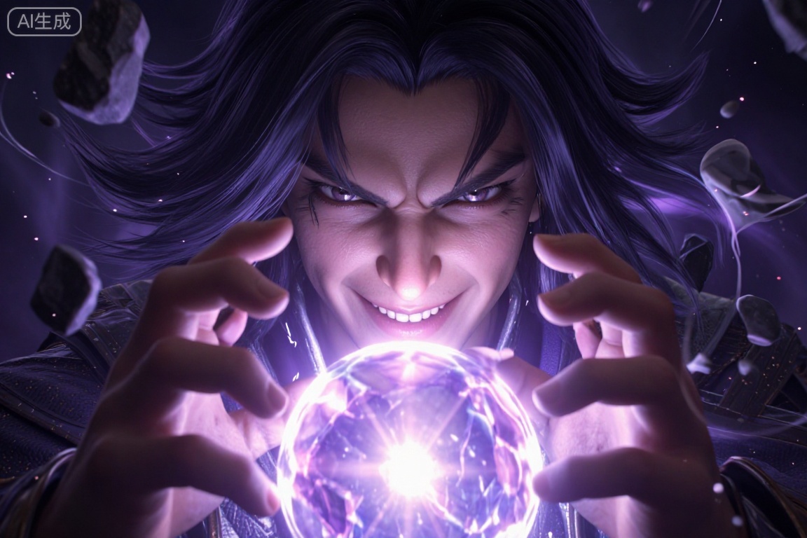 CGI,3D奇幻渲染,正面特写,极近距离POV,一位黑发法师正在释放禁忌魔法,双手在镜头前结印,掌心凝聚出耀眼的紫水晶能量球,能量球的光芒是画面主光源,从下往上照亮(底光) 他精致的面庞,眼神疯狂而执着,能量波动吹起他的刘海,碎石和魔法符文在周围悬浮旋转,强烈的色彩对比(紫与黑),辉光溢出(Bloom),画面充满张力,每一处皮肤纹理和魔法粒子的细节都极致清晰,Unreal Engine 5真实感渲染.,