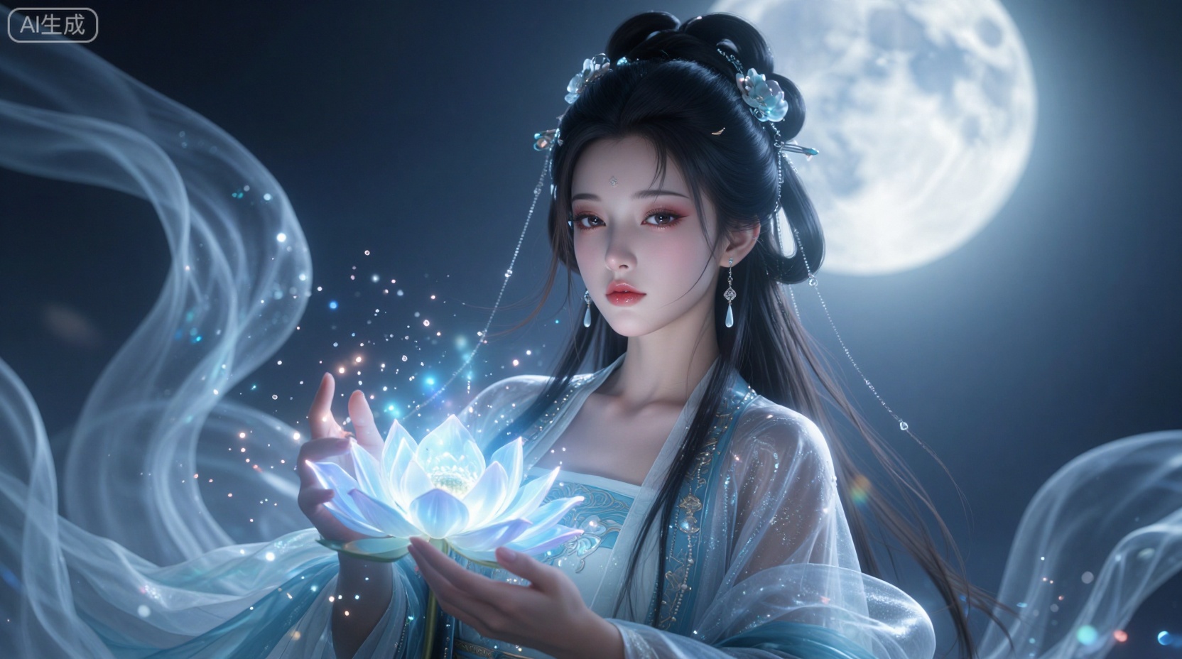 CGI,一位身着飘逸浅蓝色和白色古风服饰的年轻东亚女性,面容精致,双眸如星,散发着宁静而略带忧郁的气质,她怀中捧着一朵散发着柔和蓝白色光芒的莲花,周围环绕着微光粒子和飘动的薄纱,背景是皎洁的巨大满月和深邃的夜空,月光洒下,营造出梦幻般的仙境氛围,整体色调为冷色系,以蓝色、白色为主,辅以少量粉色点缀,光影柔和,质感细腻,画面构图为半身特写,视角略微仰视,突出女性的仙气与神秘感,风格偏向唯美古风插画,充满神秘、空灵、浪漫的艺术气息,发髻上点缀着精致的玉石发饰,耳坠和项链也呼应了整体的色调和风格。,CG