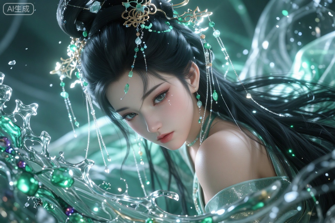 CGI,极致超清,极致细节,3d模型,美女,虚拟引擎背景透明,柔焦,华丽光影淡绿色调,仙气飘飘,珠光,反光,发亮发光,色彩鲜艳,鲜明,对比强烈,高饱和度,流苏,梦核,唯美,长发美人,魅惑,面部特写,细腻,杂乱,艺术,复古色调,戏服,景深,精致,杰作,极致细节,金银珠钗,画面复杂,具有特色,创意,创新,板绘厚涂,高傲,冷色调,露出后肩膀,柔和灯光,超清画质,面容精致,眼睛细化,特写镜头,流体艺术,高细节,仙气,纱制衣服。朦胧破碎,忧伤