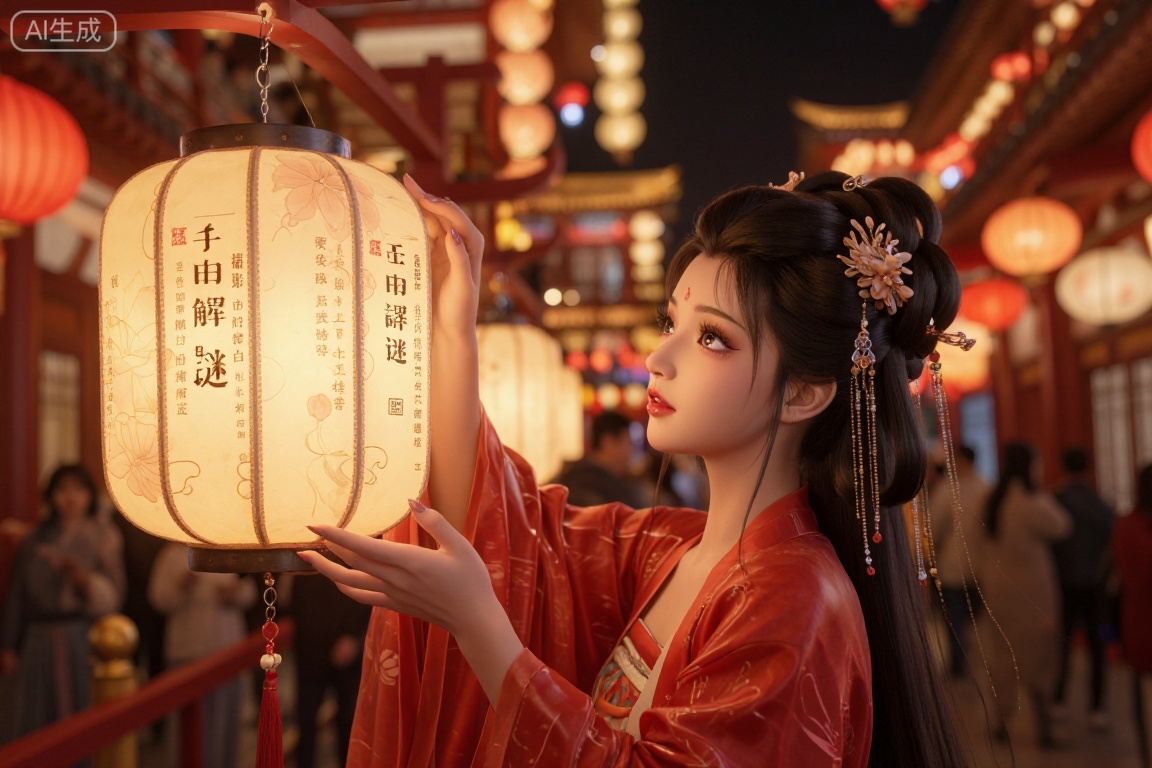 CGI,热闹汉代街市,灯谜解意,元宵灯会,华灯璀璨,一身飘逸红衣汉服的绝代佳人驻足于一盏精致花灯前,凝视灯上谜题,略一思索,眸中灵光闪动,眼睛亮晶晶,大眼睛,longeyelashes,朱唇轻启揭晓谜底,无文字,无图标,无水印,